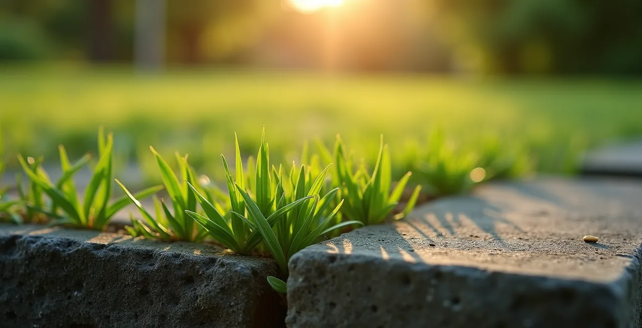 Vue macro d'une bordure de pierre affleurant parfaitement avec le gazon