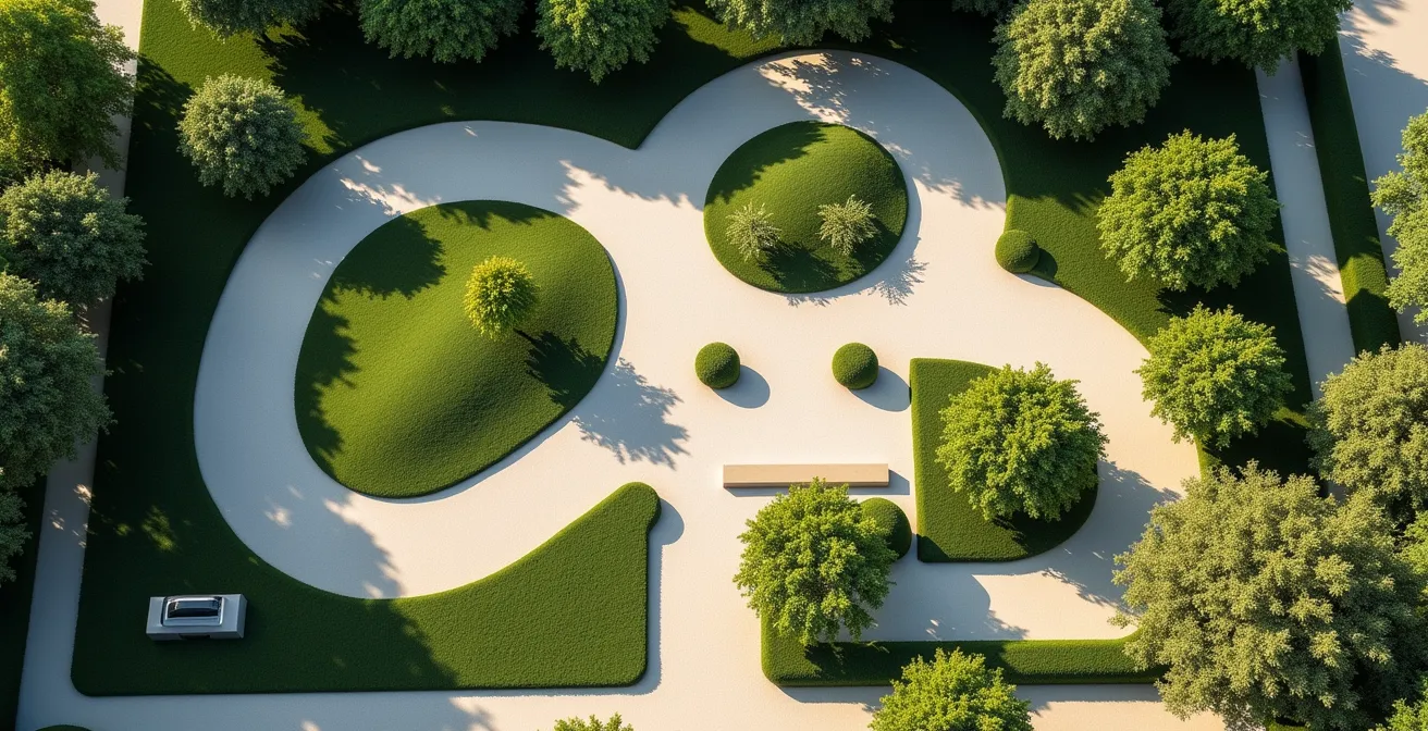 Vue aérienne minimaliste d'un jardin montrant différentes zones et obstacles