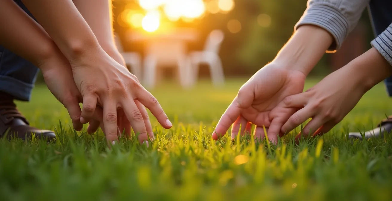 Mains d'une famille jouant ensemble sur une pelouse impeccable au soleil couchant