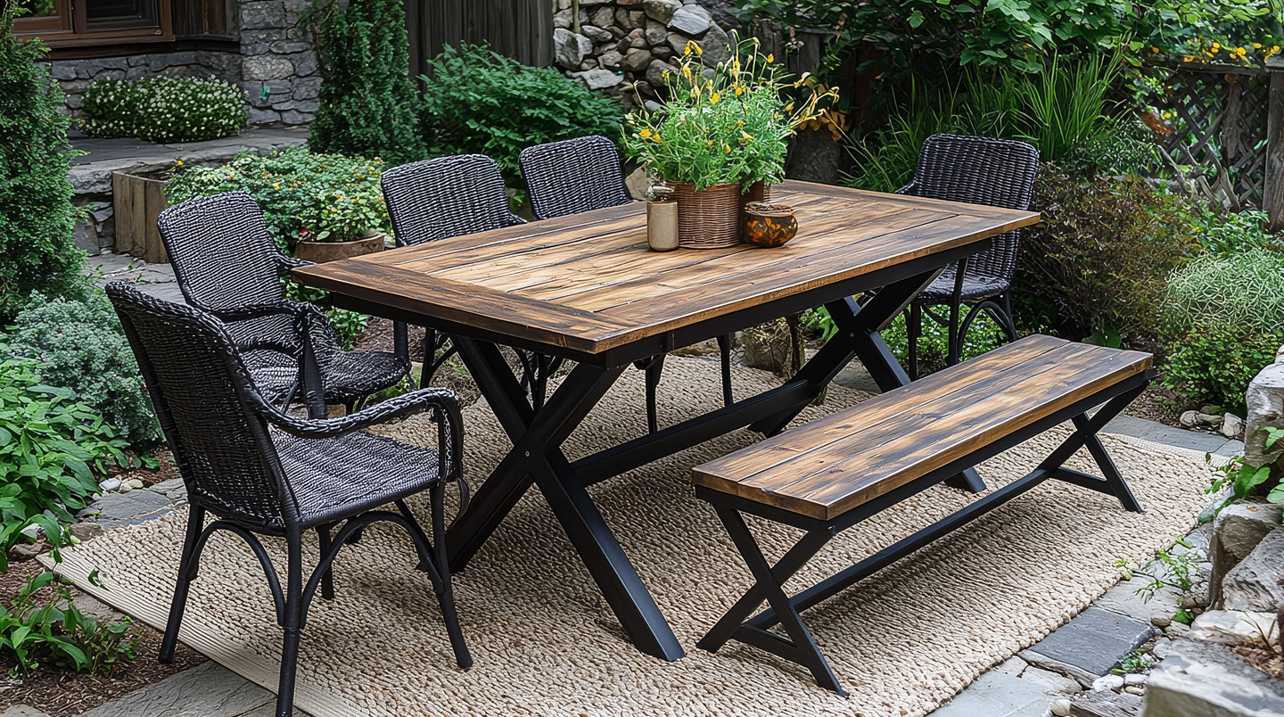 Gros plan en plongée sur un angle de table extensible blanche et bois clair avec détails décoratifs méditerranéens : set de table lin, vase terracotta avec olivier, lanterne noire, plante grasse, carrelage terre cuite, lumière dorée du soir créant ombres douces