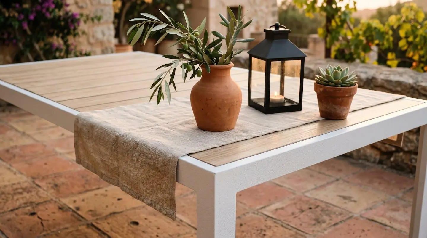 Gros plan en plongée sur un angle de table extensible blanche et bois clair avec détails décoratifs méditerranéens : set de table lin, vase terracotta avec olivier, lanterne noire, plante grasse, carrelage terre cuite, lumière dorée du soir créant ombres douces