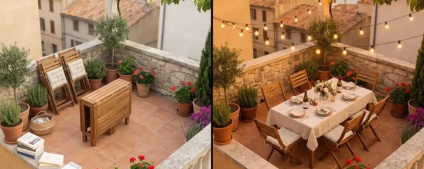 Vue aérienne isométrique d'une terrasse méditerranéenne présentée en deux configurations : à gauche, table repliée pour usage quotidien entourée de plantes