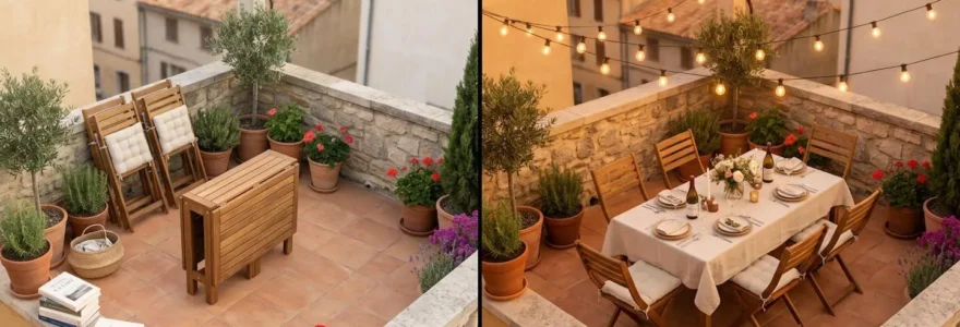 Vue aérienne isométrique d'une terrasse méditerranéenne présentée en deux configurations : à gauche, table repliée pour usage quotidien entourée de plantes